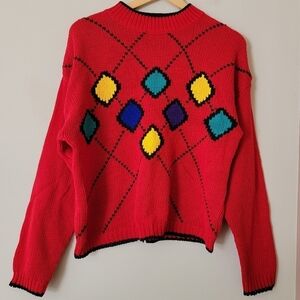 Vintage 80s Red Knit Mockneck Colourful Argyle Sweater Teachercore
